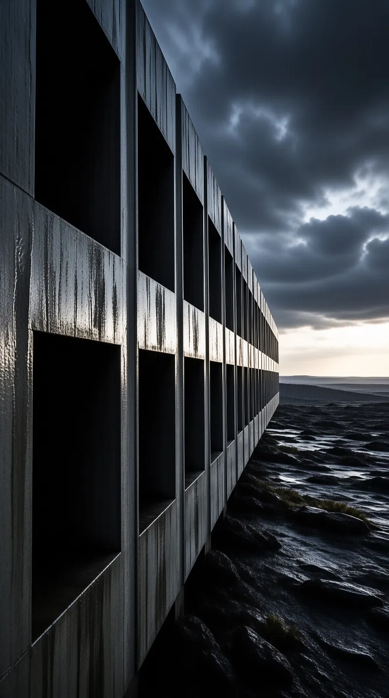 Massive concrete wall with deep rectangular openings overlooks a choppy ocean under dramatic storm clouds.