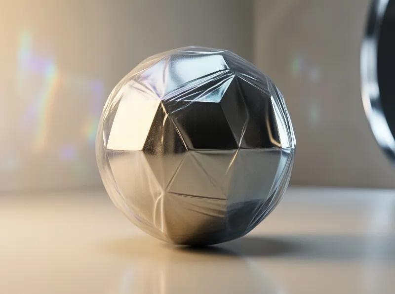 A shiny faceted sphere sits on a table with colorful light flares in the background.