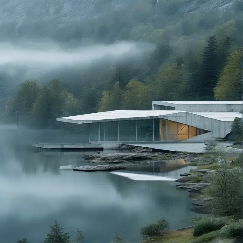 Modern Lake House in Mist