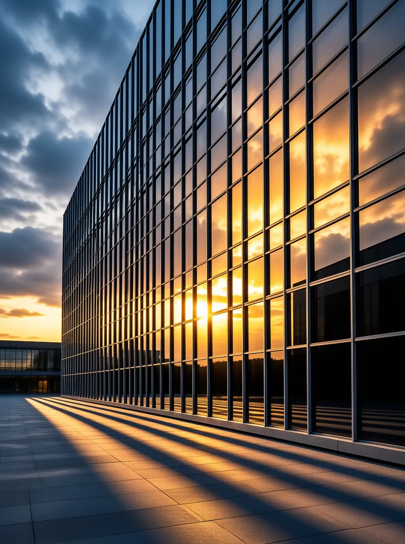 A grid of dark mullions catches molten orange cloud and low sun, casting long striped shadows across an empty plaza
