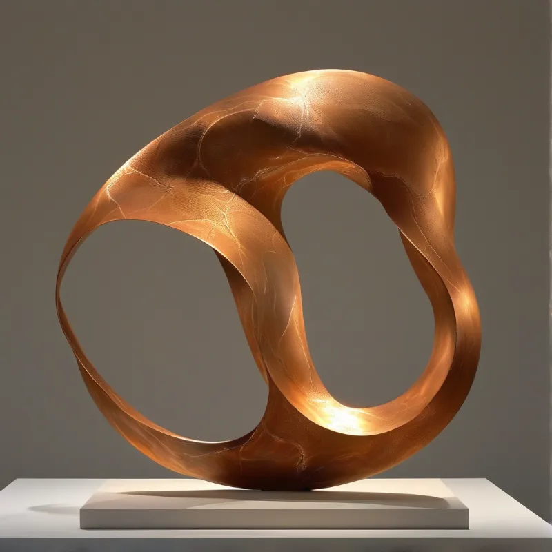 An abstract sculpture of twisting bands with two open holes sits on a white base, its warm metal catching soft light.