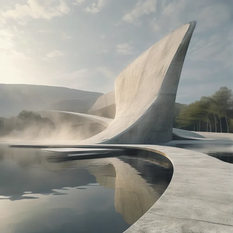 A large white building with flowing curves stands next to a calm pond surrounded by misty hills and trees in soft light.