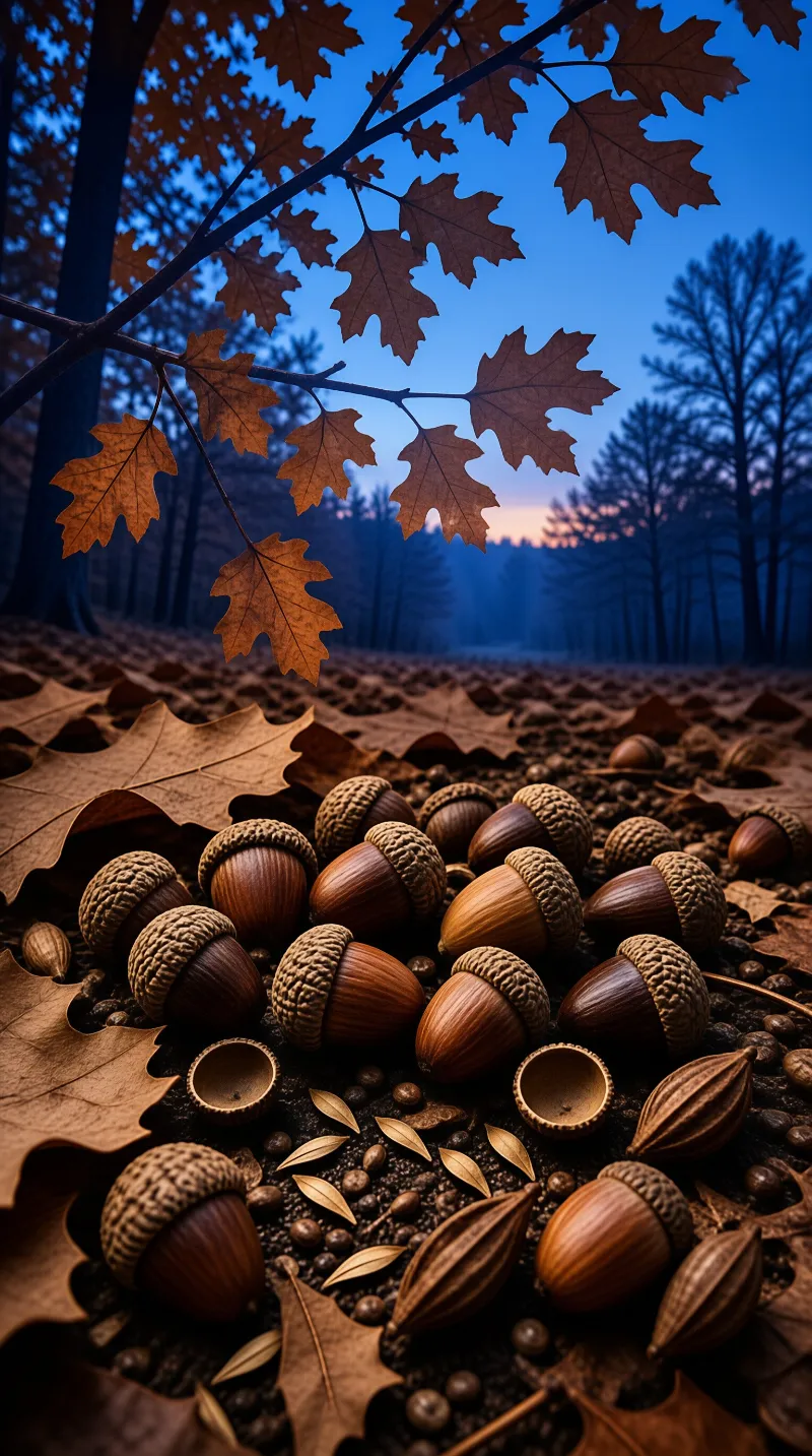 A cluster of brown acorns and dry oak leaves covers the dark forest ground beneath a deep blue evening sky.