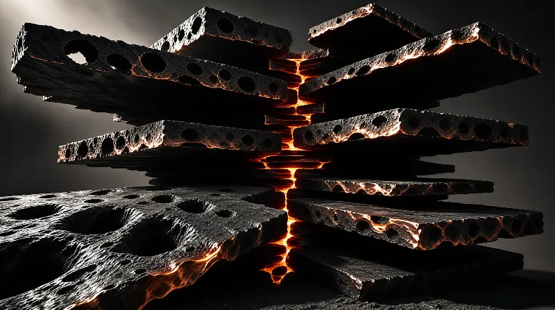 A vertical stack of dark porous blocks is split open to expose a bright orange channel of heat running through the center, contrasting with the rough black texture of the sides.
