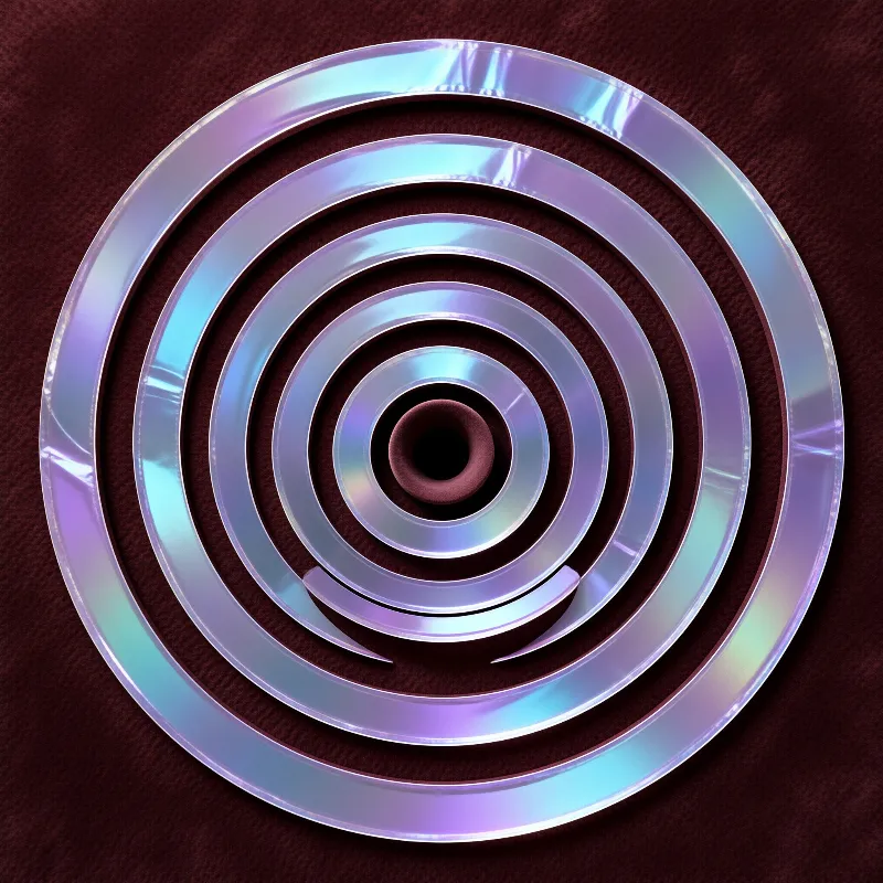 Glossy holographic rings spiral inward over a plush burgundy surface casting shifting purple and cyan light.