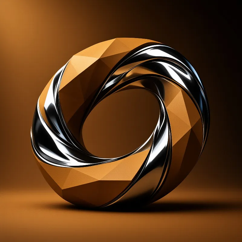 A glossy chrome torus wrapping around a faceted amber ring sits on a warm brown surface, with bright sharp highlights on its polished metal