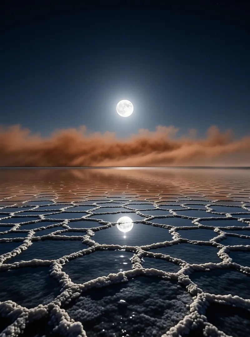 Geometric salt ridges frame a calm water surface that mirrors the bright full moon above a distant band of orange clouds.