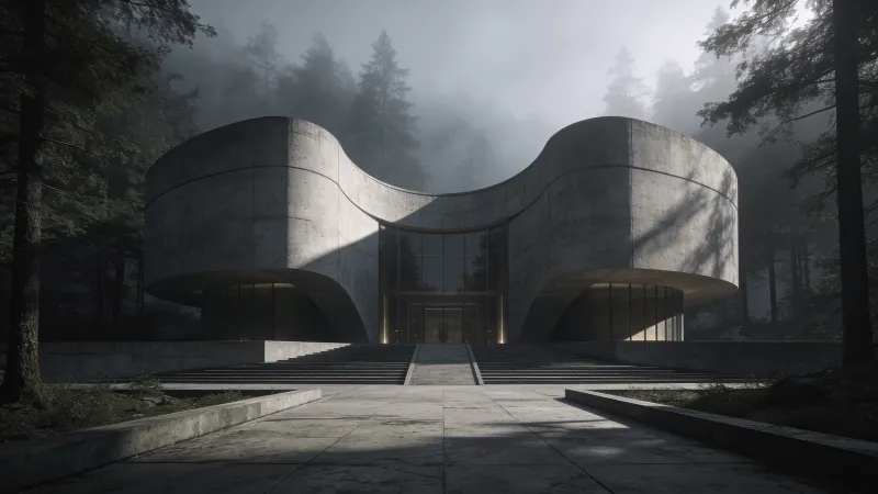Museum with Curved Concrete — Misty Forest