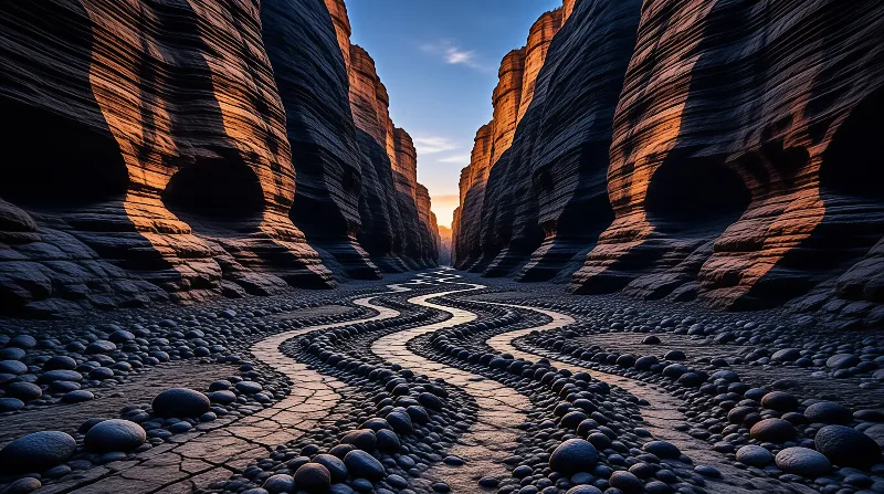 A dry streambed snakes between towering layered sandstone walls whose upper faces catch the last orange light.
