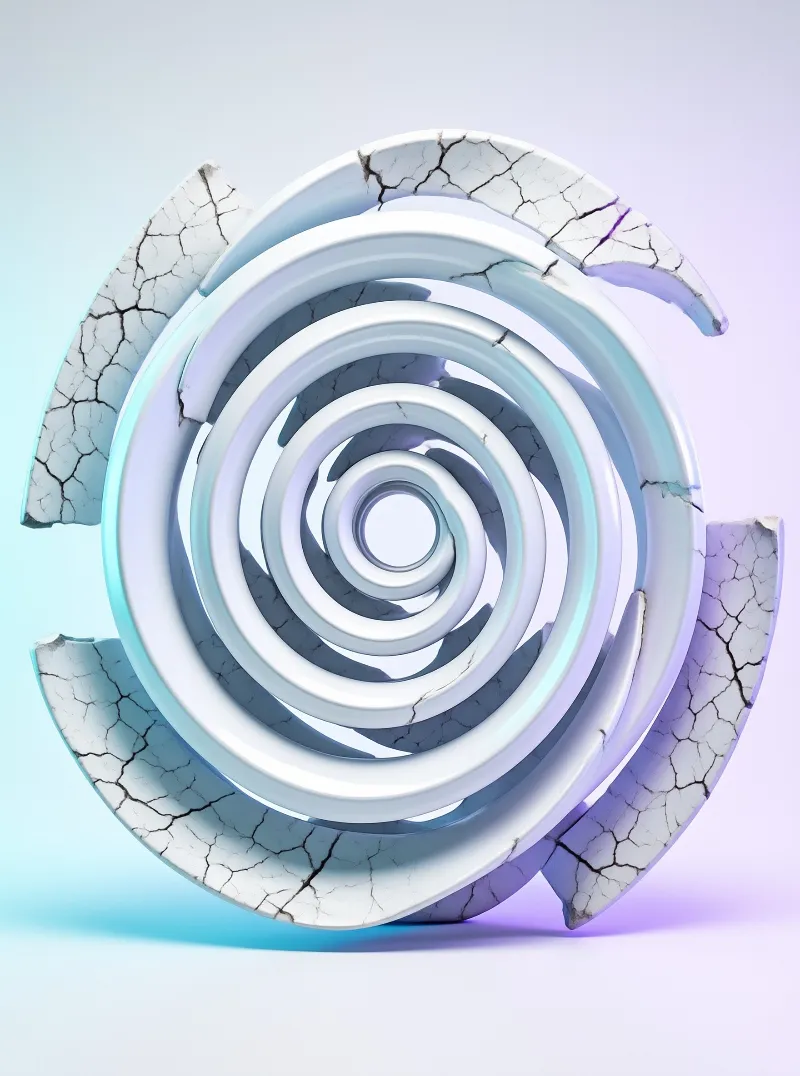 A white porcelain spiral coils outward from a cracked ceramic shell against soft pastel light.