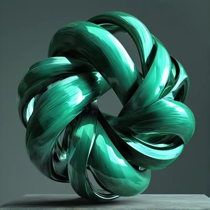 Glossy teal green bands loop into an interwoven knot lit by soft studio light on a pale pedestal.