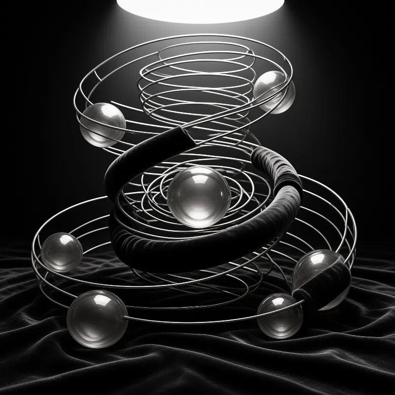 Clear orbs rest on a coiled wire sculpture wrapped in dark fabric, lit from above on rumpled black velvet.