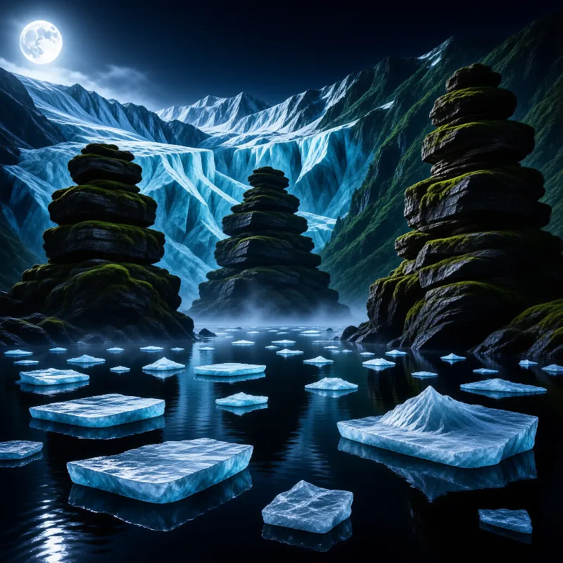 Three moss covered stone stacks stand in dark water floating with ice blocks near a glowing blue glacier and full moon.