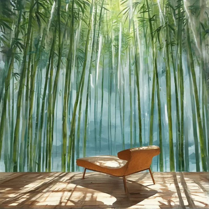 A mid-century brown lounge chair sits on a sun-dappled wooden platform before a tall misty green bamboo forest
