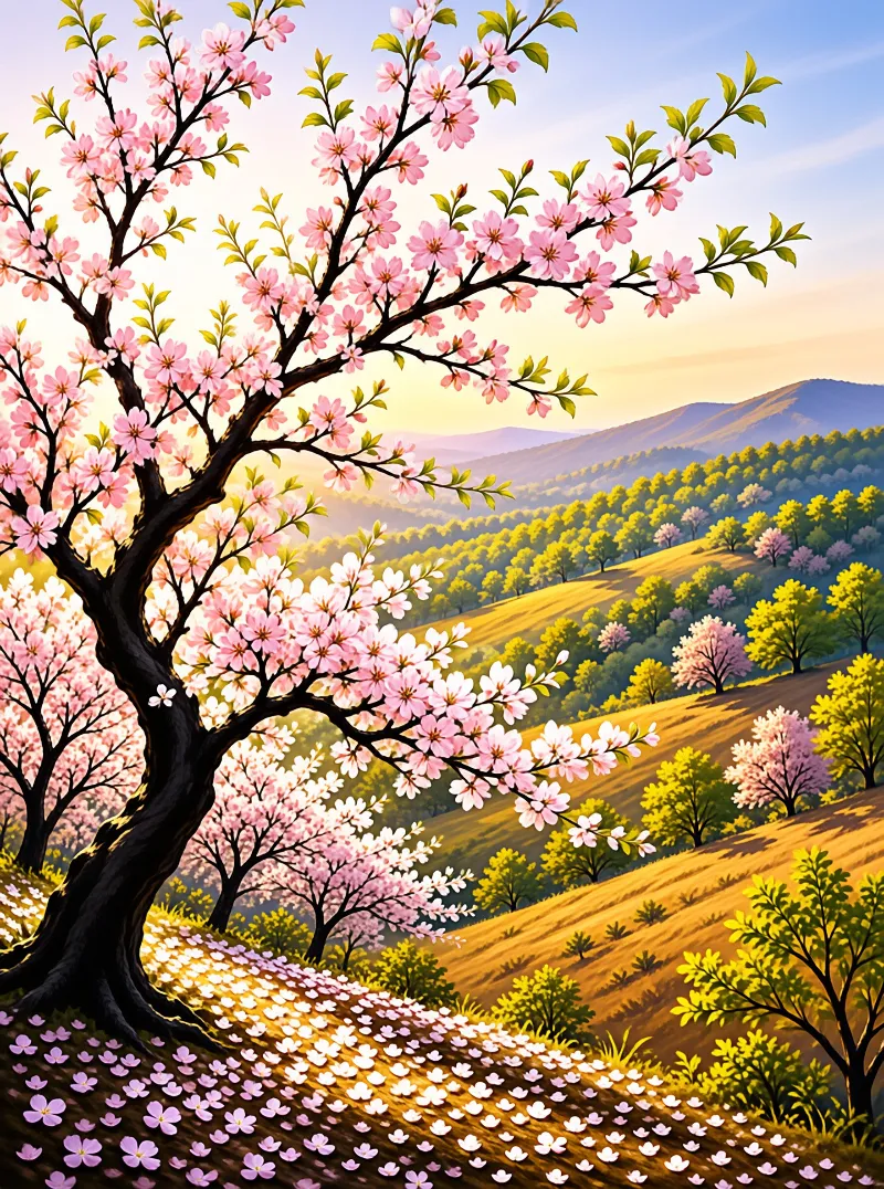 A large pink cherry blossom tree stands in the foreground overlooking rolling green hills bathed in warm sunset light.
