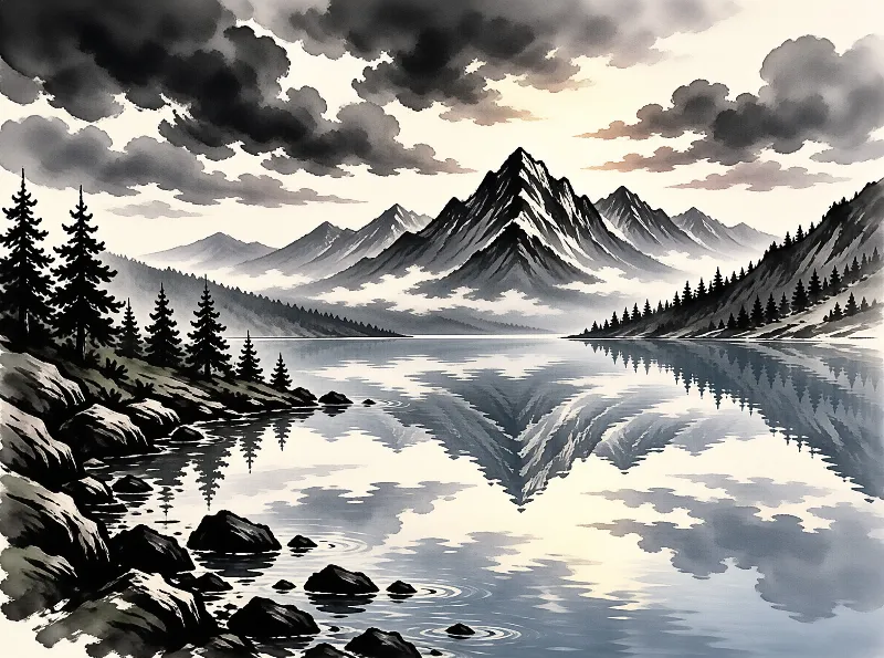A monochromatic landscape shows snow capped peaks mirrored in calm water with pine trees lining rocky shores.