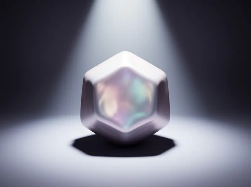 A shiny iridescent crystal sits centered on a white surface beneath a focused beam of light.