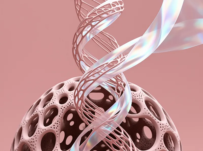A glossy translucent helix spirals around a perforated matte sphere against a soft dusty rose backdrop.