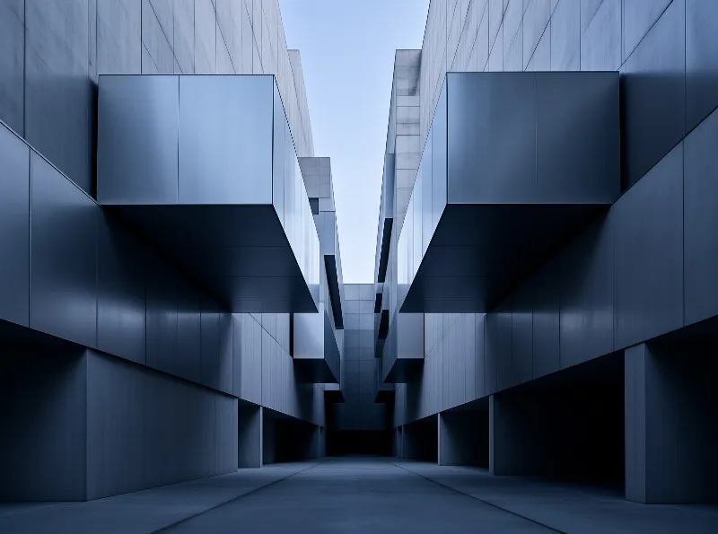 A narrow passage between massive grey concrete walls featuring geometric shapes and deep shadows.