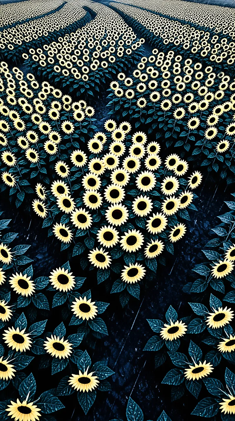 A field of bright yellow sunflowers spreads out over dark blue patterned leaves under low light conditions.