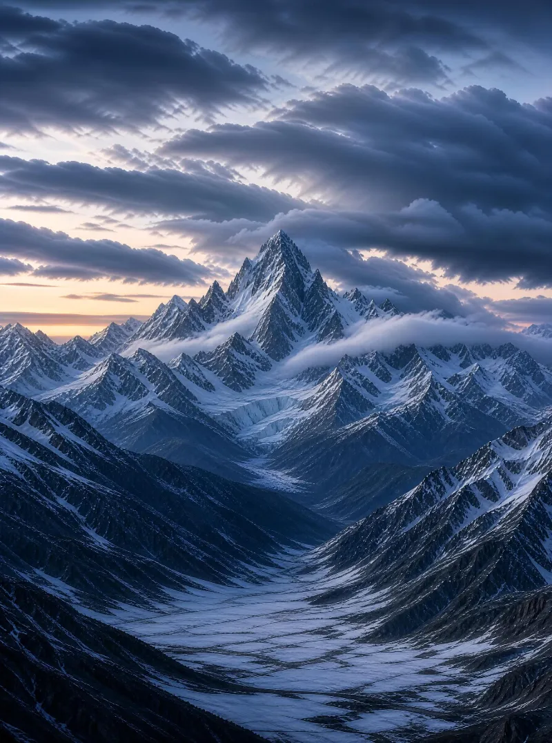 Snowy Mountain Peaks at Dusk