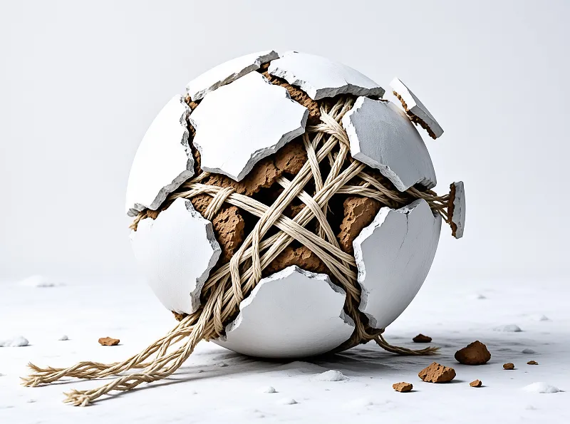 A shattered white spherical shell rests on a bright surface revealing a tangled mass of beige twine and brown clay-like material beneath the broken fragments.