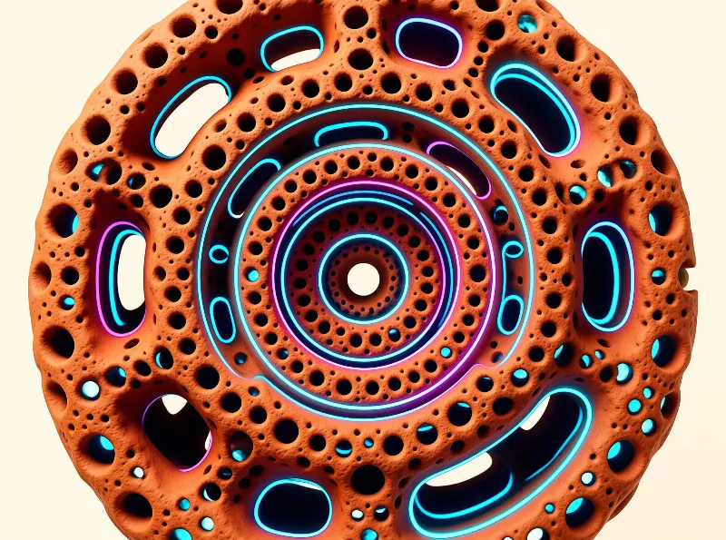 A perforated ruddy terracotta disc has concentric glowing blue and pink neon outlines embedded in its porous surface.