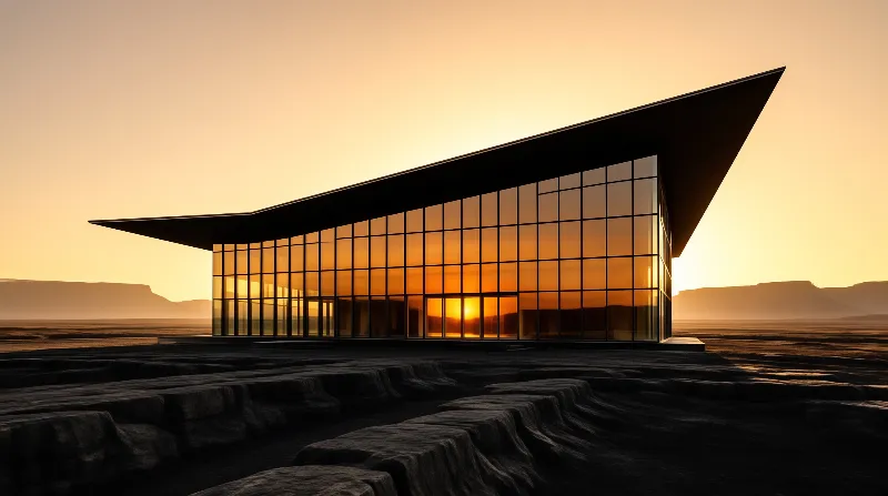 A modern glass pavilion with sloped roof sits on layered dark desert terrain under warm golden dusk sky.