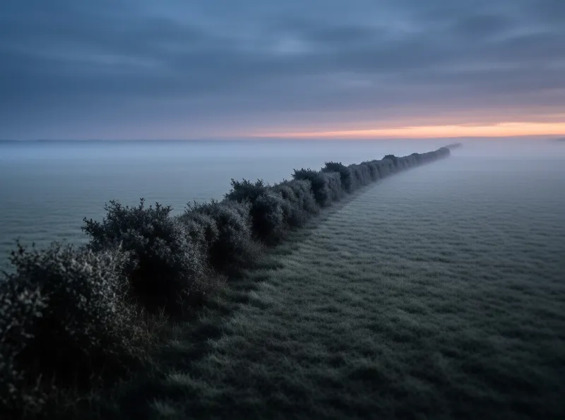 Dark bushes line a grassy field fading into heavy fog while a thin band of orange light glows on the distant horizon.