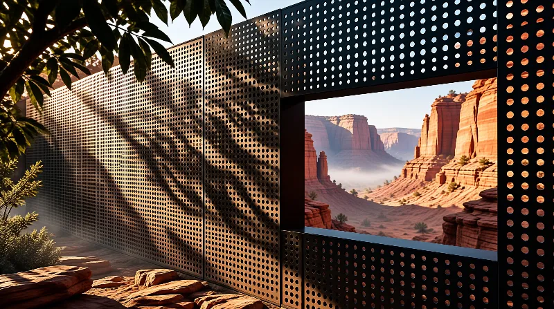 A dotted metal wall with leaf shadows opens onto sunlit sandstone cliffs and valley haze.