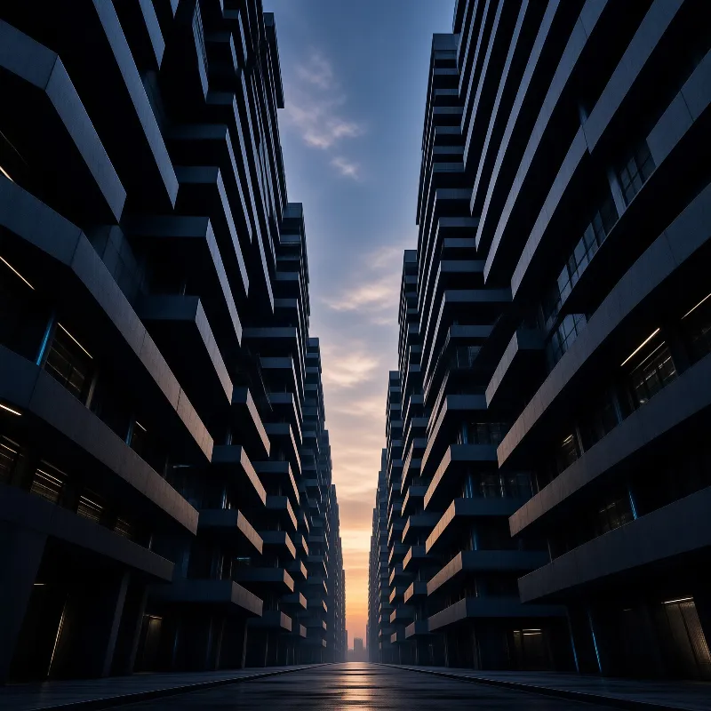 Symmetrical view of tall dark buildings lining a street under a gradient sunset sky.