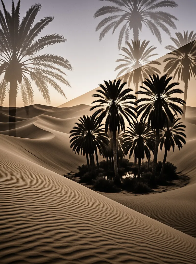 Silhouetted palm trees stand amidst rippled desert dunes under a soft sky with a ghostly double exposure overlay effect.