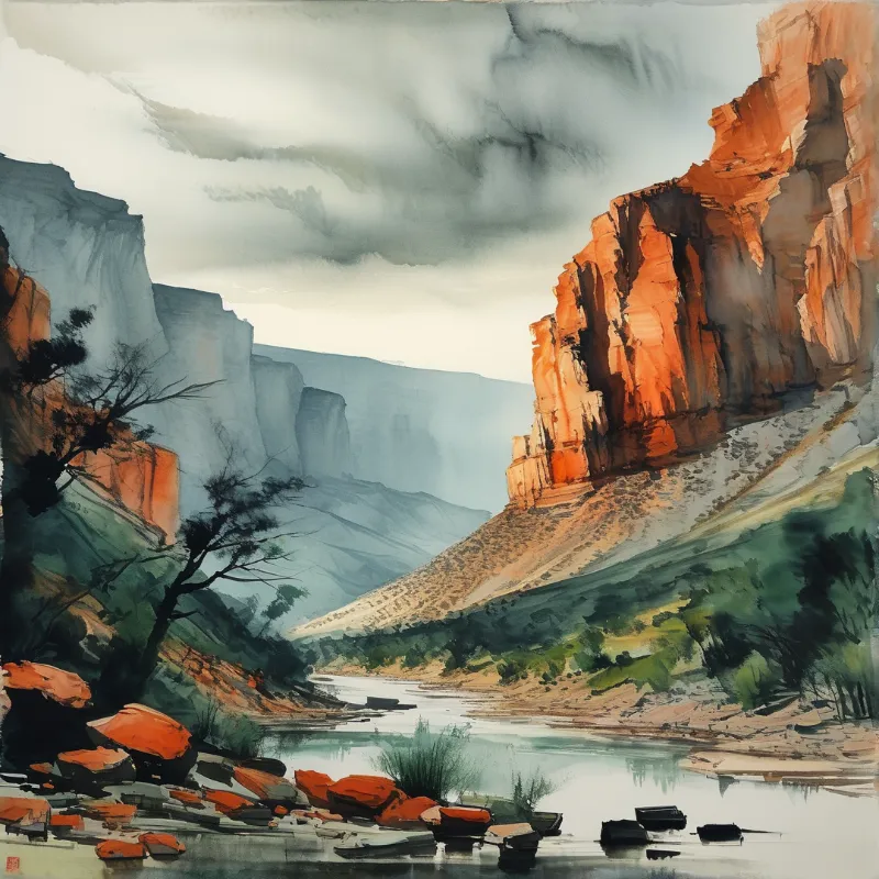 River flows through a canyon with red cliffs and overcast sky in watercolor style