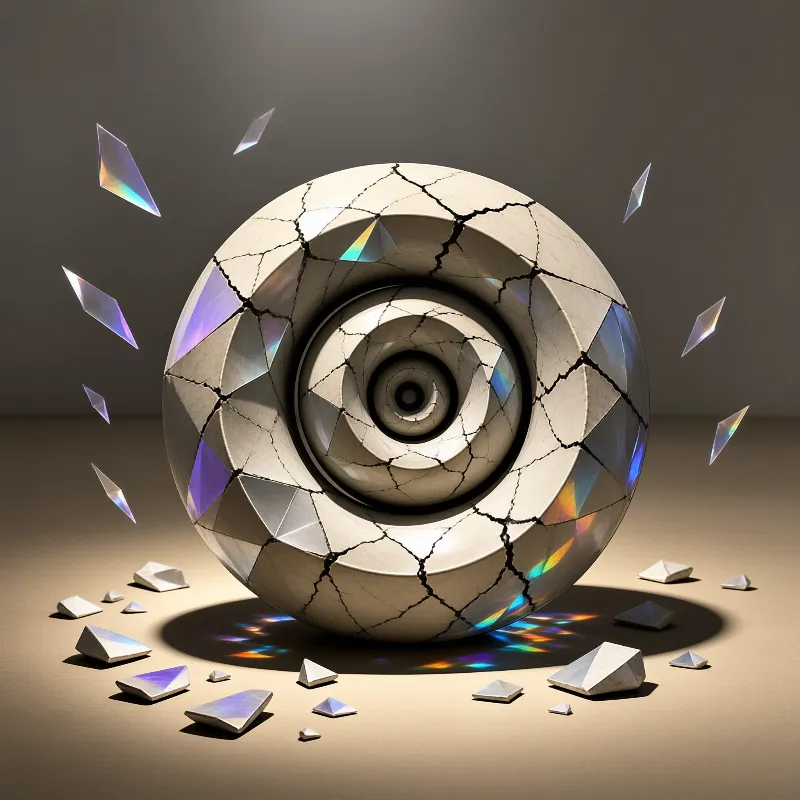 A cracked white sphere with a spiral center is surrounded by floating iridescent fragments reflecting colors.