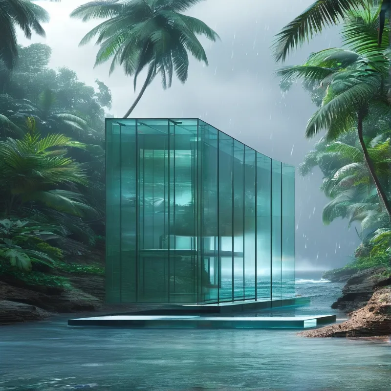A transparent glass cube building stands in a lush tropical rainforest during a rainy day near the ocean