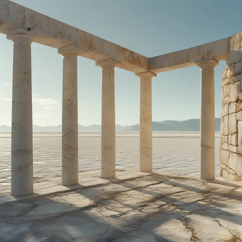 Ancient columns cast long shadows across a cracked white salt flat towards distant mountains.