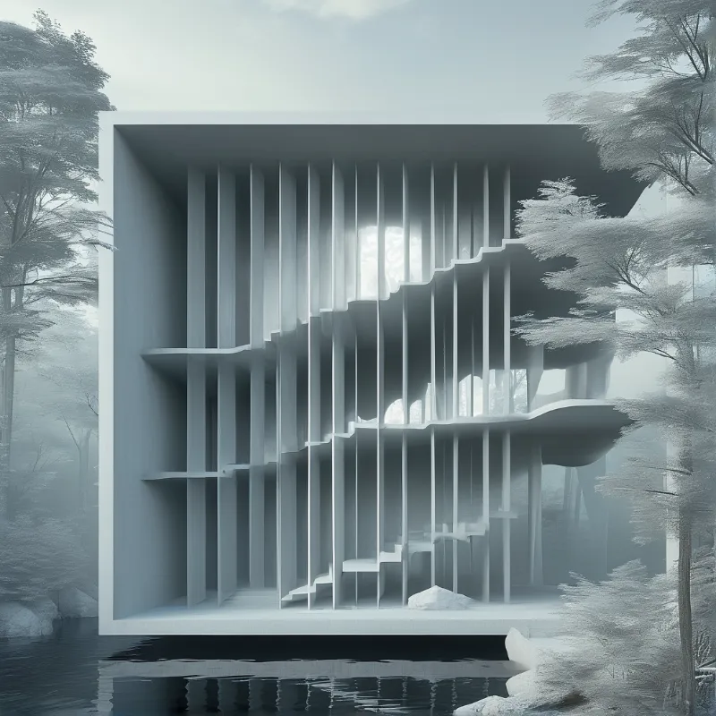 A white geometric structure with vertical slats sits in a foggy forest near a calm body of water reflecting its base.