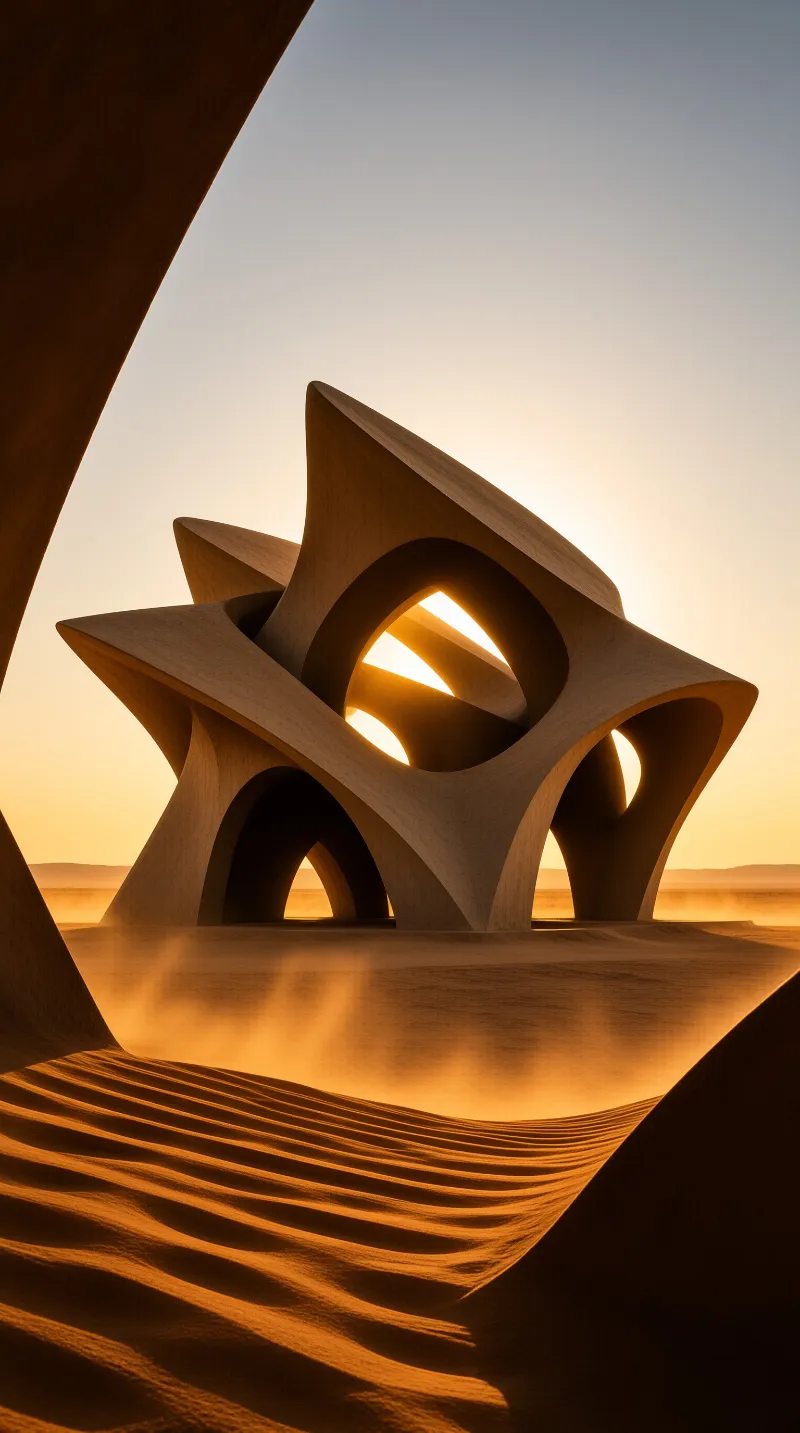A massive abstract sculpture with curved arches stands in a vast desert landscape illuminated by warm sunset glow.