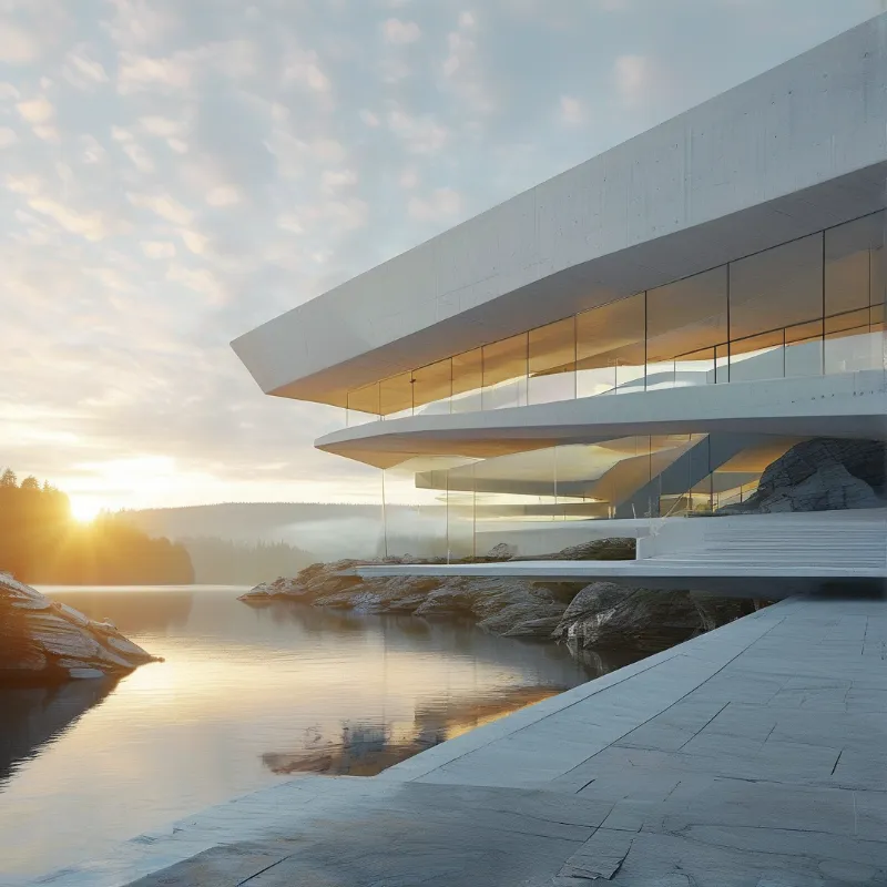 White geometric building with glass walls stands above misty lake and rocky shores as sunrise light reflects on calm water