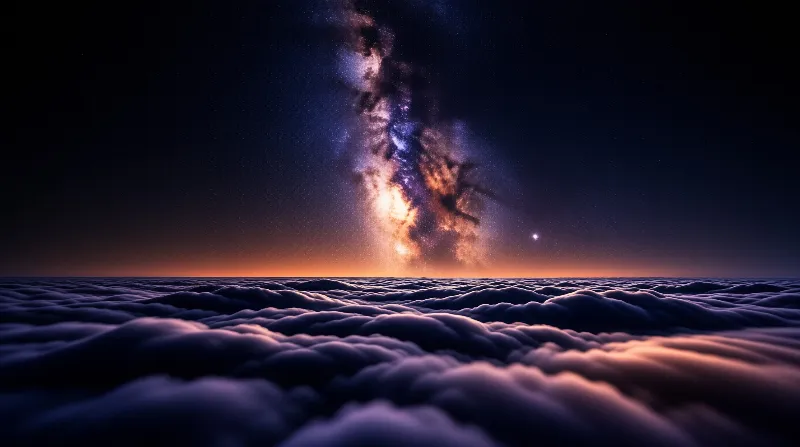 A bright band of the Milky Way stretches vertically across the dark sky above an endless sea of rolling purple clouds.
