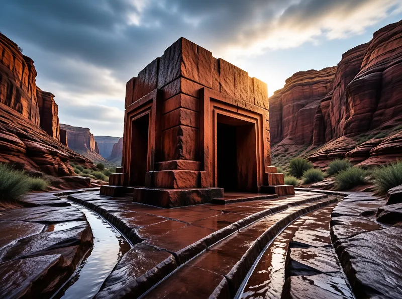 A geometric stone structure sits between red rock cliffs while wet pathways reflect dramatic evening light.