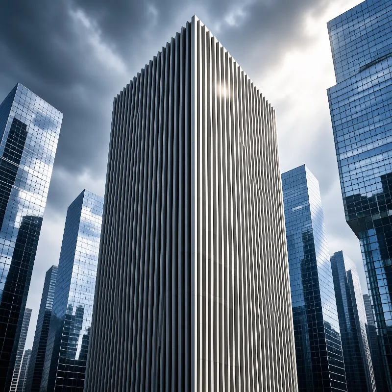 A ribbed skyscraper stands surrounded by blue glass buildings under a cloudy sky with sunlight peeking through clouds.