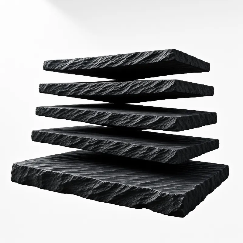 Several rough dark stone plates hover in a neat levitating stack against a plain white surface