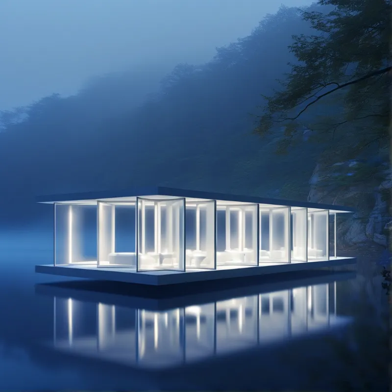 A rectangular glass pavilion glows brightly over still water at blue hour with forested cliffs behind.