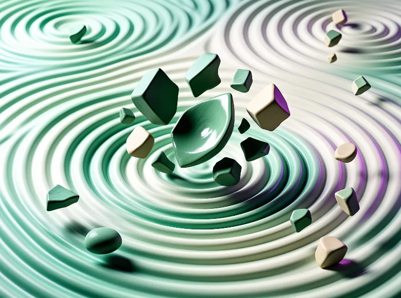 Colorful 3d blocks hover in mid-air above concentric green waves casting soft shadows on the surface.