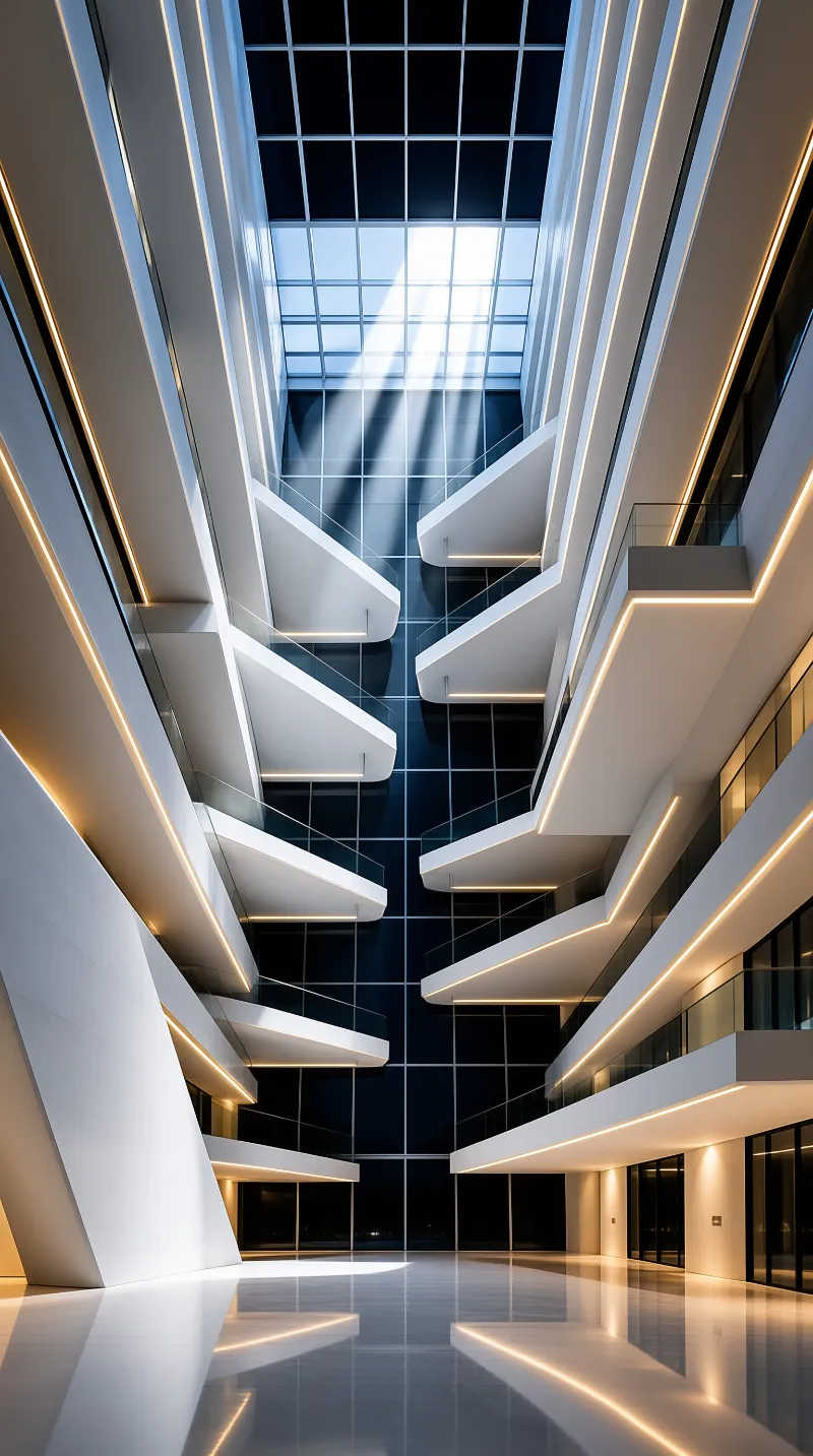 Beams of sunlight pour through a large skylight onto white curved balconies inside a tall modern interior space.