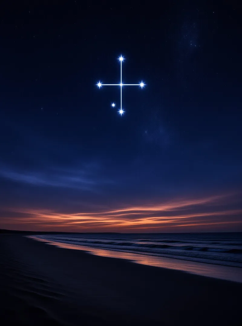 Six bright stars form a glowing cross shape in a deep blue night sky over a quiet shore and fading orange clouds.