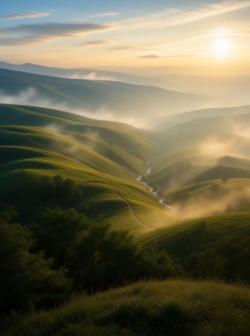 Sunrise Over Misty Green Hills