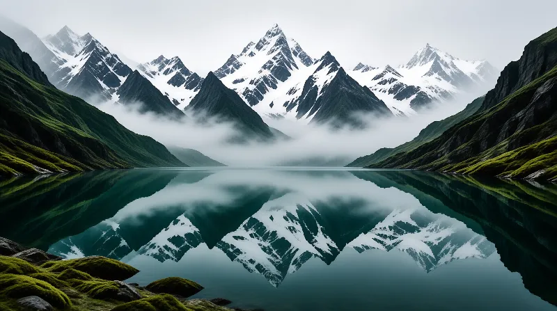 Jagged white summits and drifting cloud copy themselves perfectly across a glassy turquoise mountain lake.