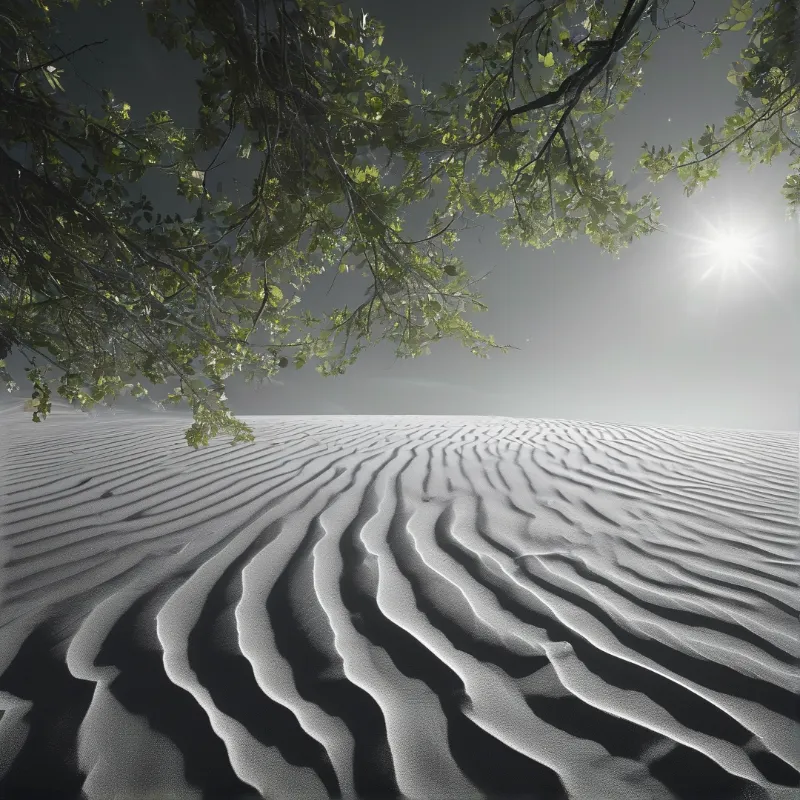 White sand dunes with deep ripples stretch beneath a leafy tree canopy while a bright sun glows in a hazy gray sky.